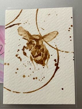 Aceo bumblebee coffee painting ATC mini gift art insect collectible by EAE